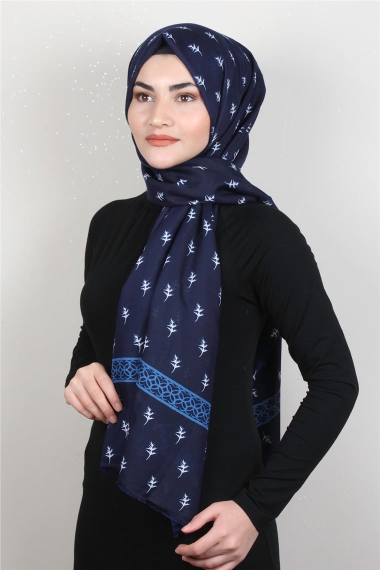 Pamuklu Desenli Şal 5754-3 Lacivert