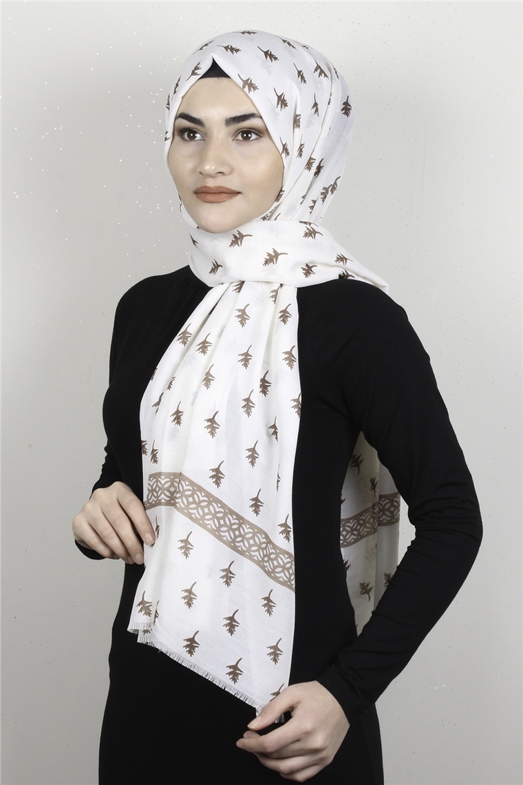 Pamuklu Desenli Şal 5754-7 Ekru