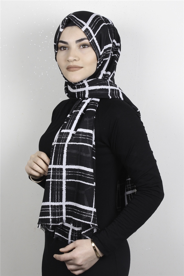 Pamuklu Desenli Şal 5757-1 Siyah Beyaz