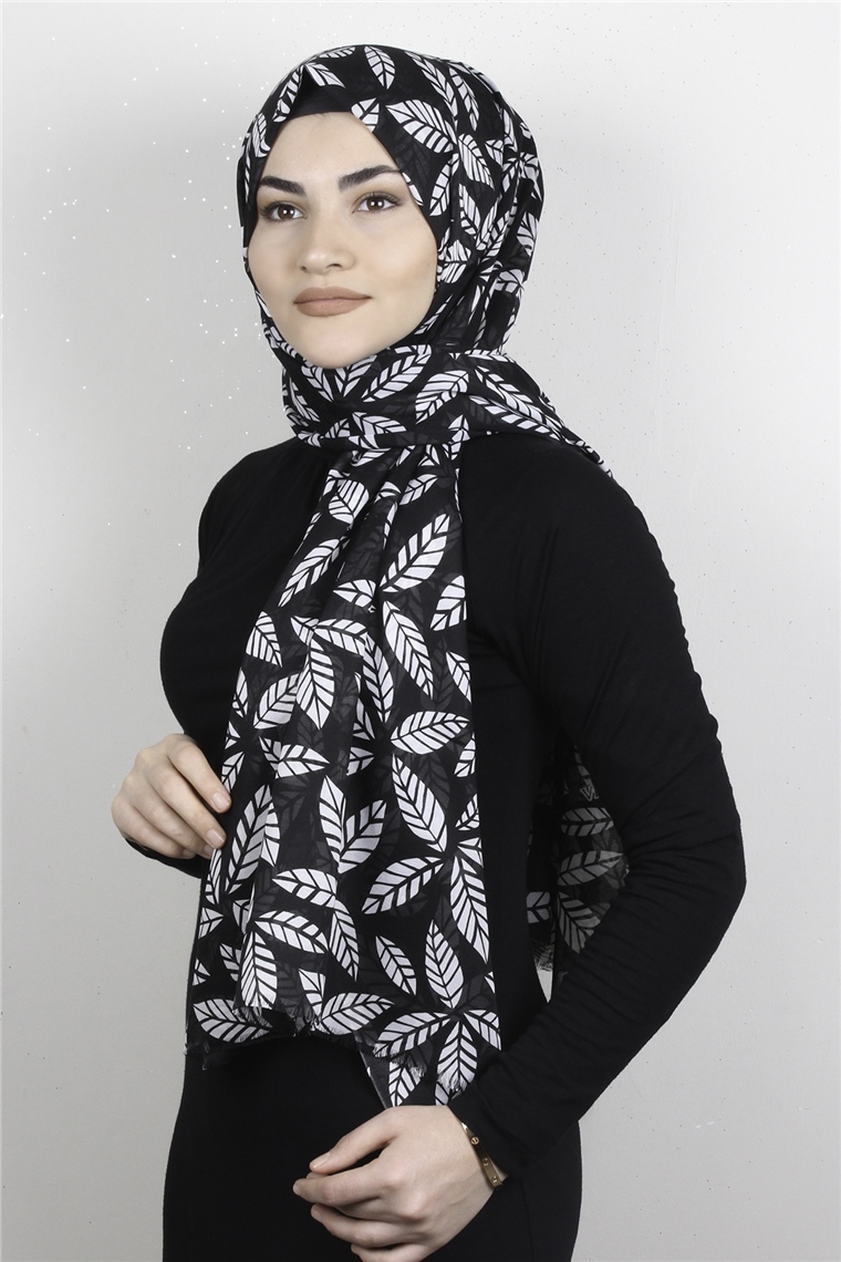 Pamuklu Desenli Şal 5757-10 Siyah Beyaz