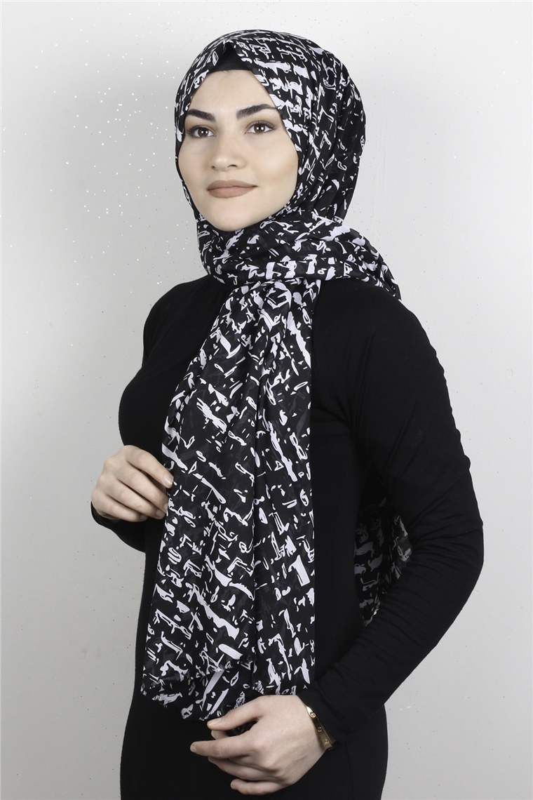 Pamuklu Desenli Şal 5757-11 Siyah Beyaz