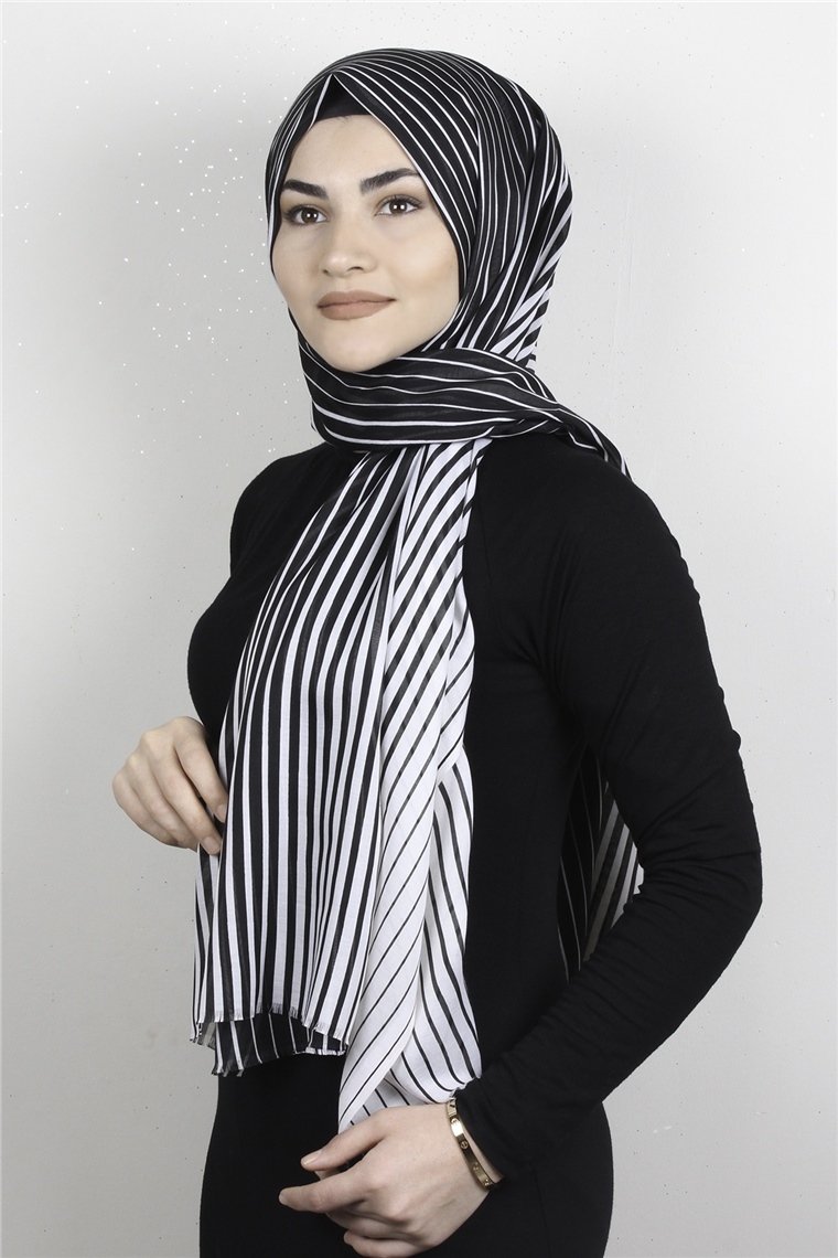 Pamuklu Desenli Şal 5757-12 Siyah Beyaz