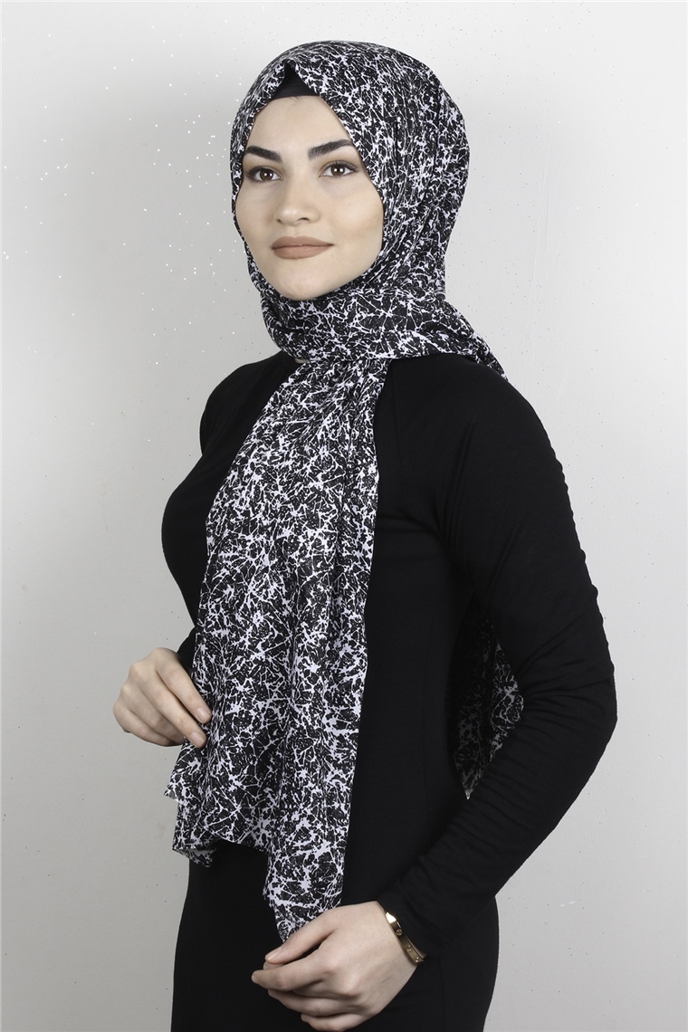Pamuklu Desenli Şal 5757-13 Siyah Beyaz