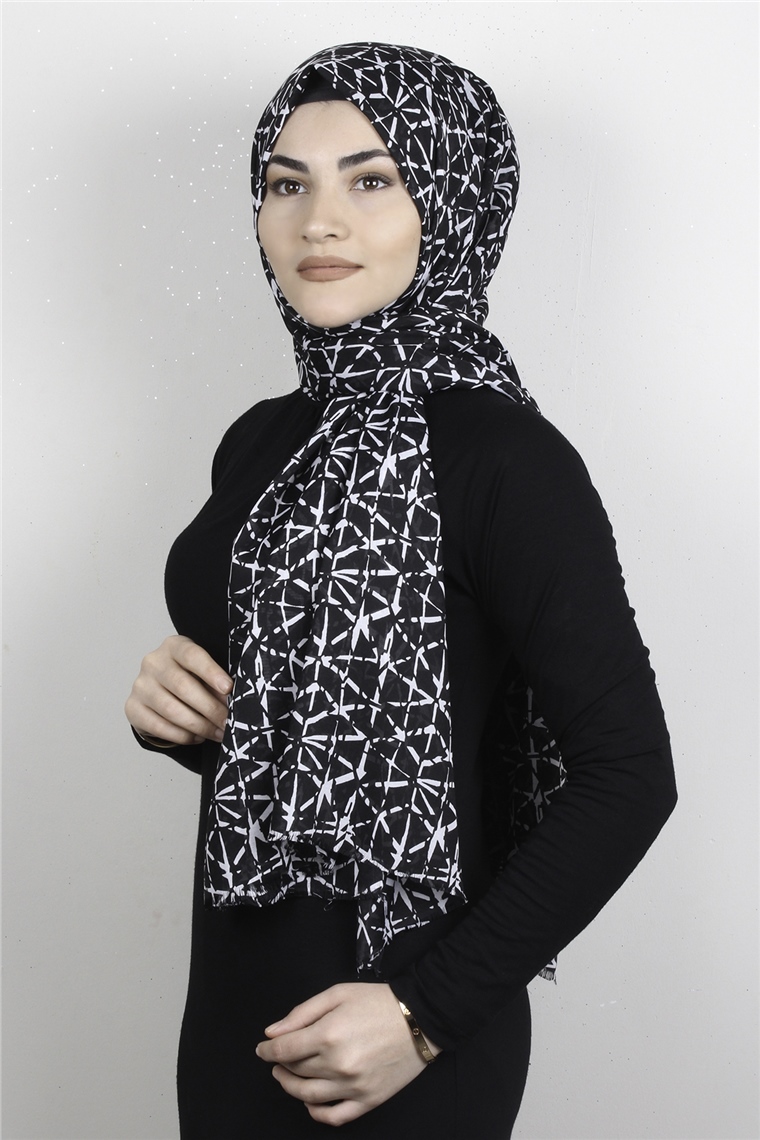 Pamuklu Desenli Şal 5757-14 Siyah Beyaz
