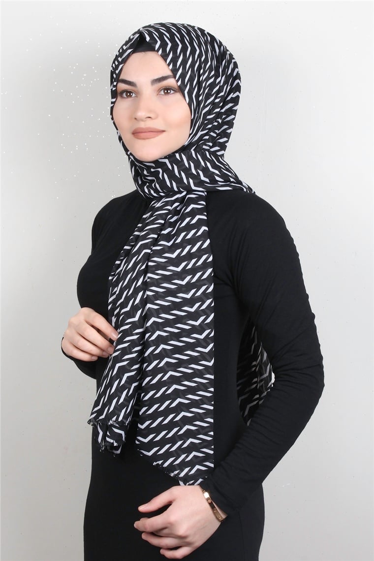 Pamuklu Desenli Şal 5757-15 Siyah Beyaz