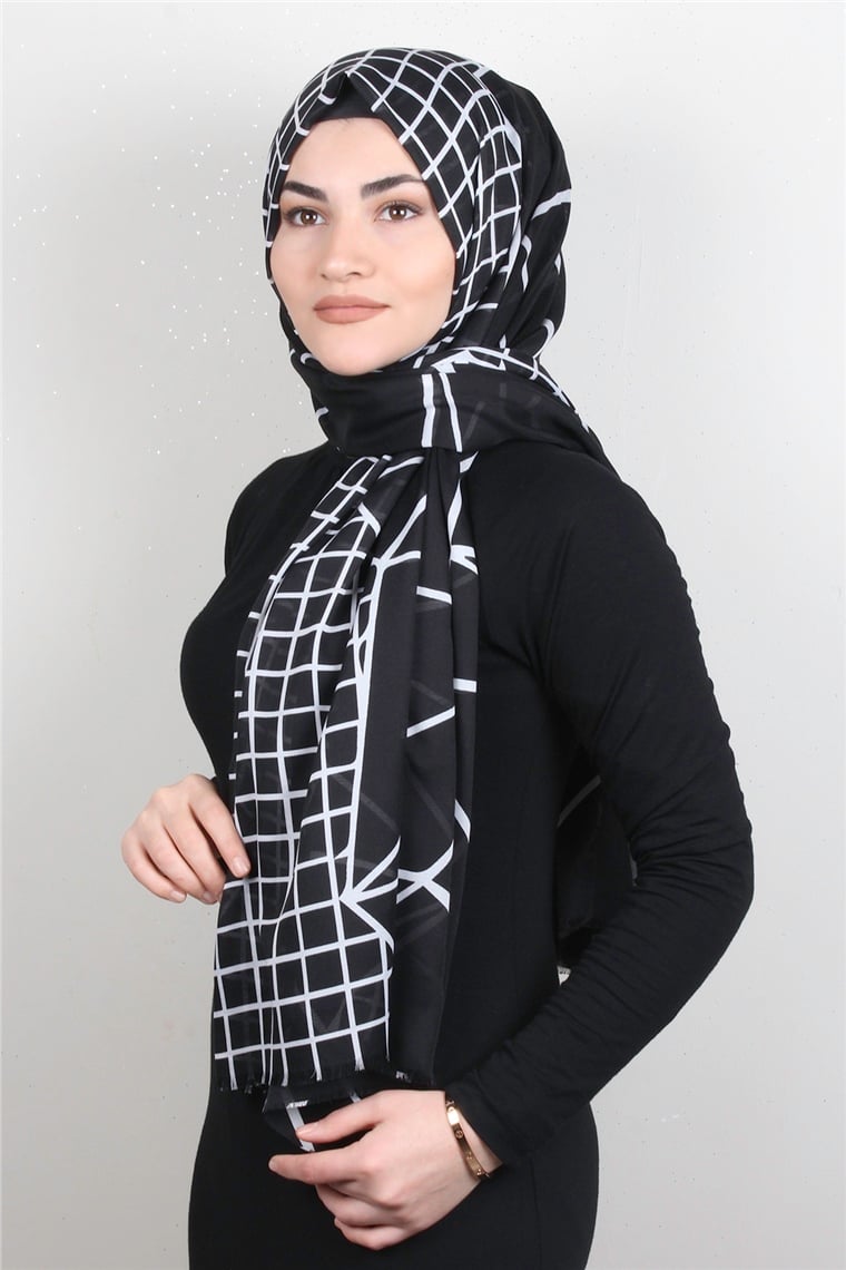 Pamuklu Desenli Şal 5757-16 Siyah Beyaz
