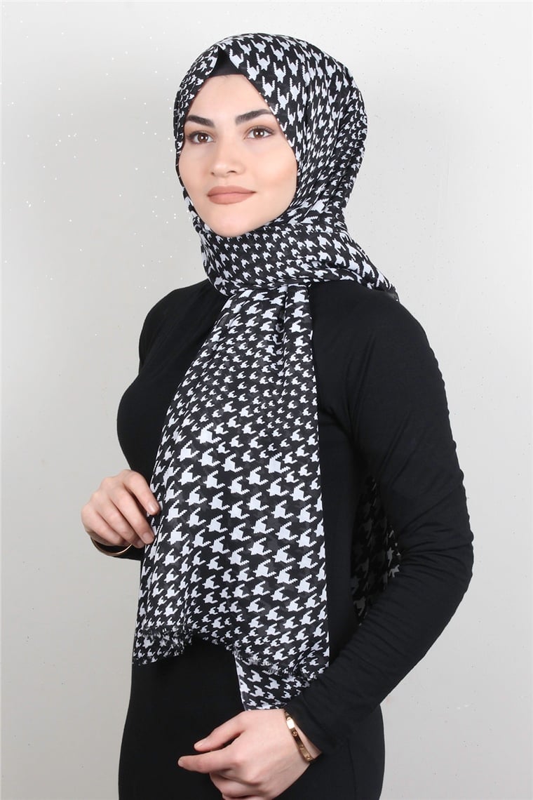 Pamuklu Desenli Şal 5757-17 Siyah Beyaz