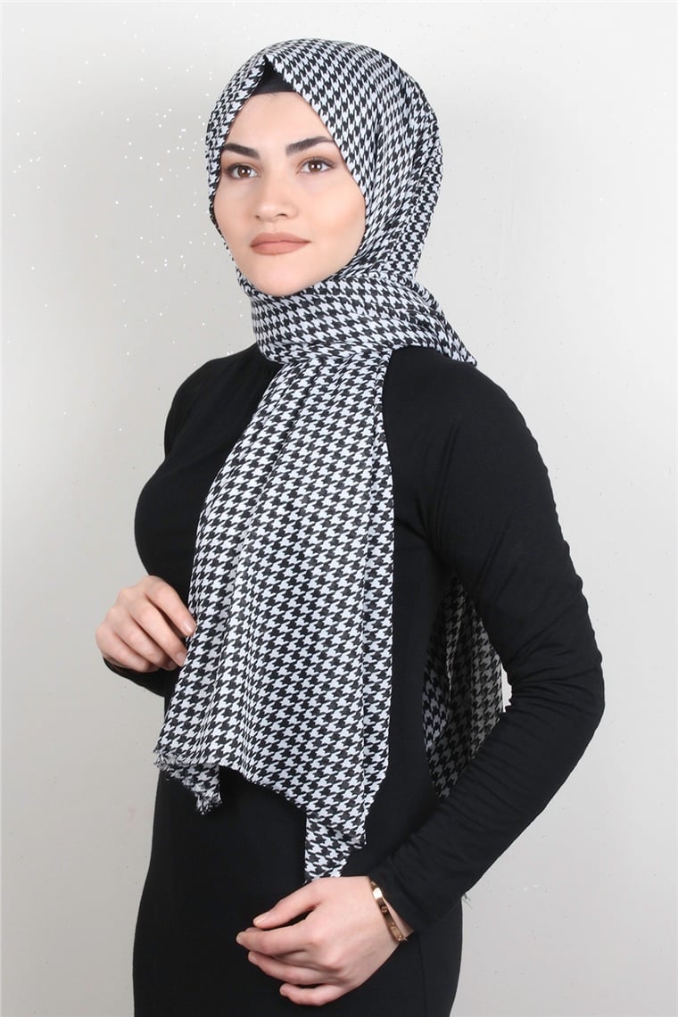 Pamuklu Desenli Şal 5757-18 Siyah Beyaz