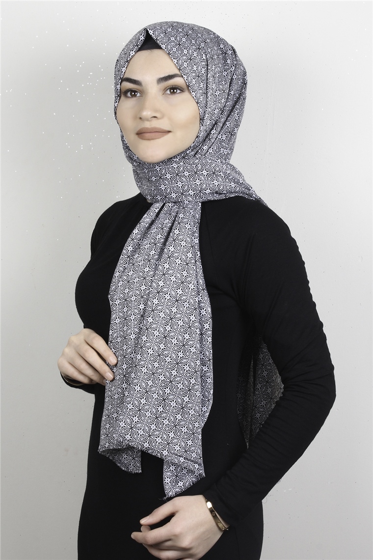 Pamuklu Desenli Şal 5757-19 Siyah Beyaz