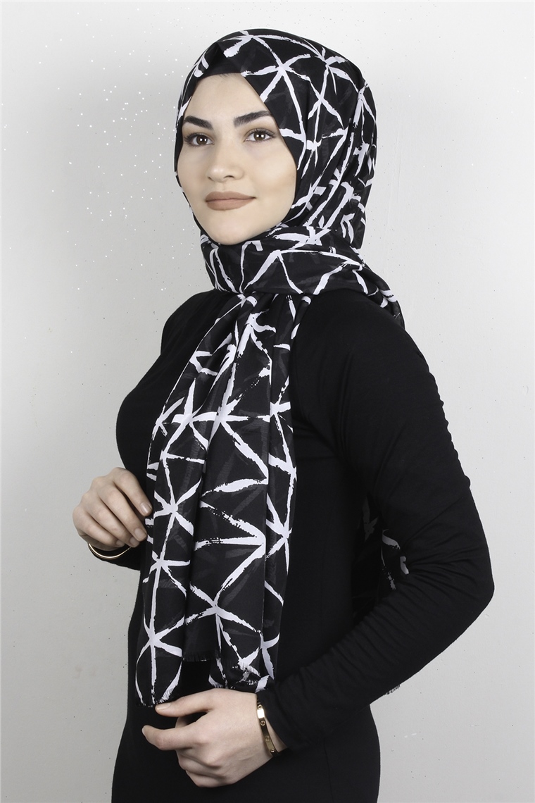 Pamuklu Desenli Şal 5757-2 Siyah Beyaz
