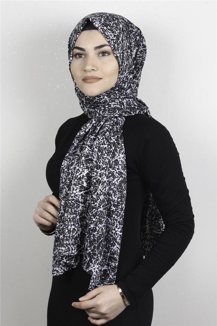 Pamuklu Desenli Şal 5757-20 Siyah Beyaz