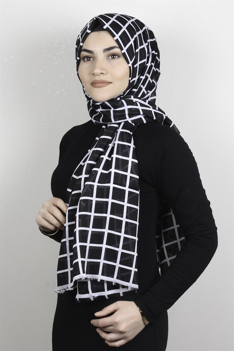 Pamuklu Desenli Şal 5757-21 Siyah Beyaz