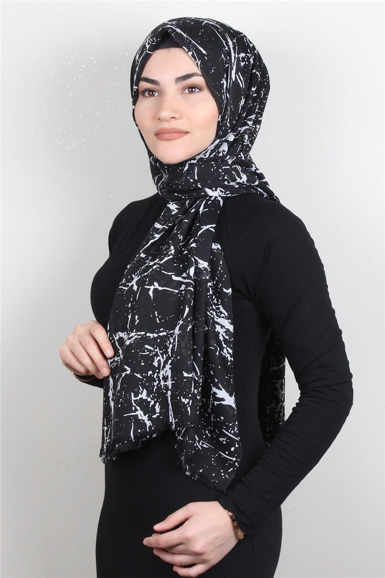 Pamuklu Desenli Şal 5757-22 Siyah Beyaz