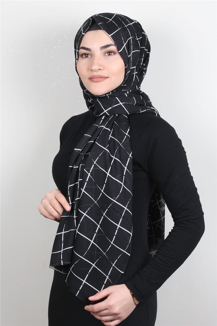 Pamuklu Desenli Şal 5757-23 Siyah Beyaz
