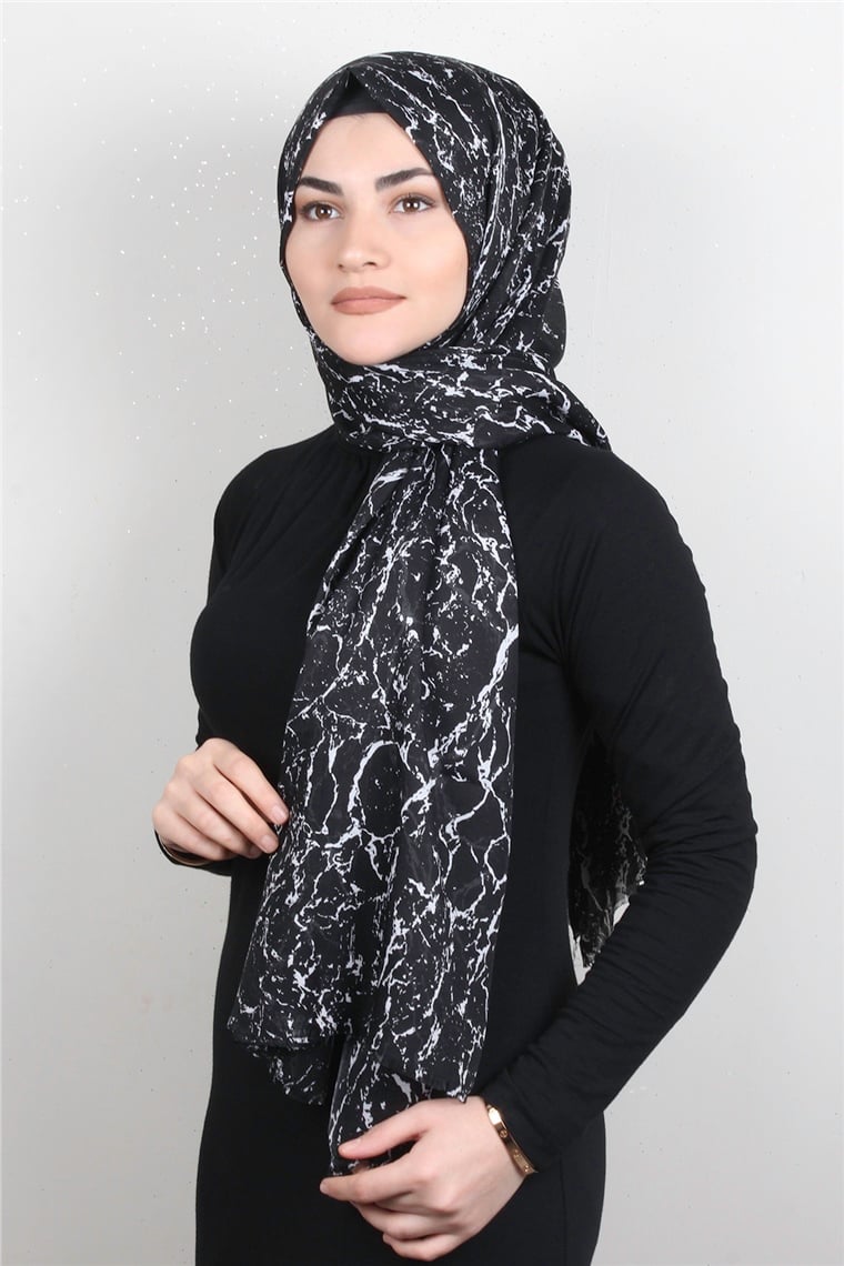 Pamuklu Desenli Şal 5757-24 Siyah Beyaz