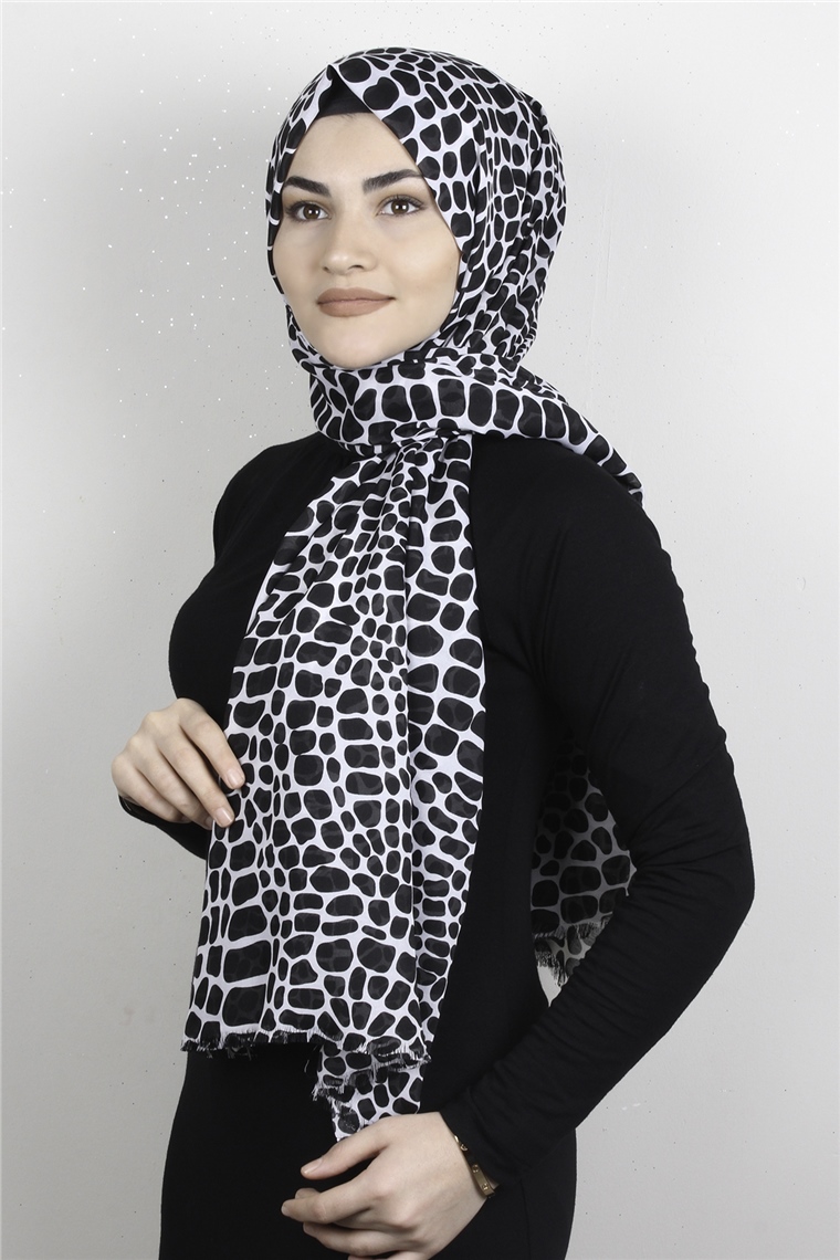 Pamuklu Desenli Şal 5757-25 Siyah Beyaz