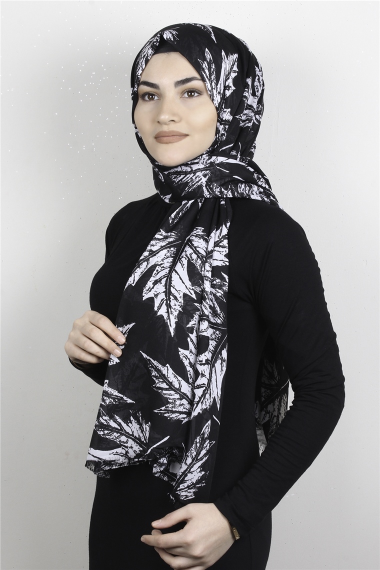 Pamuklu Desenli Şal 5757-26 Siyah Beyaz