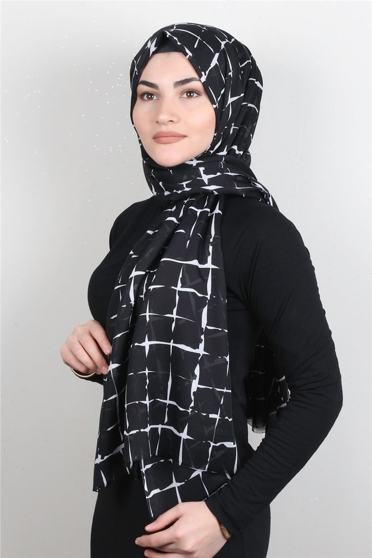 Pamuklu Desenli Şal 5757-27 Siyah Beyaz
