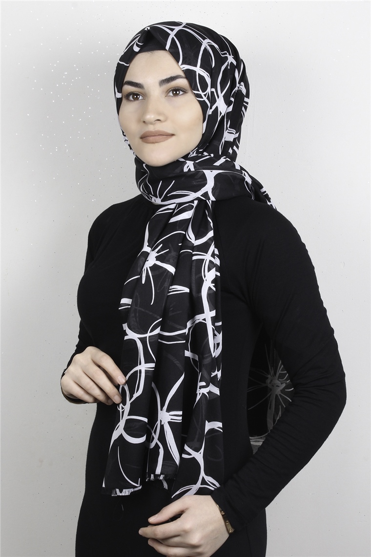 Pamuklu Desenli Şal 5757-28 Siyah Beyaz