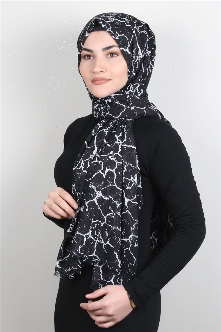 Pamuklu Desenli Şal 5757-29 Siyah Beyaz