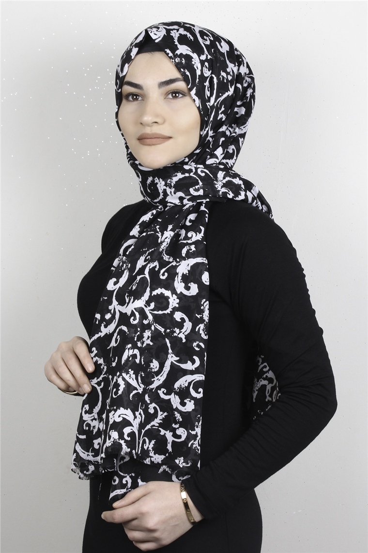 Pamuklu Desenli Şal 5757-3 Siyah Beyaz