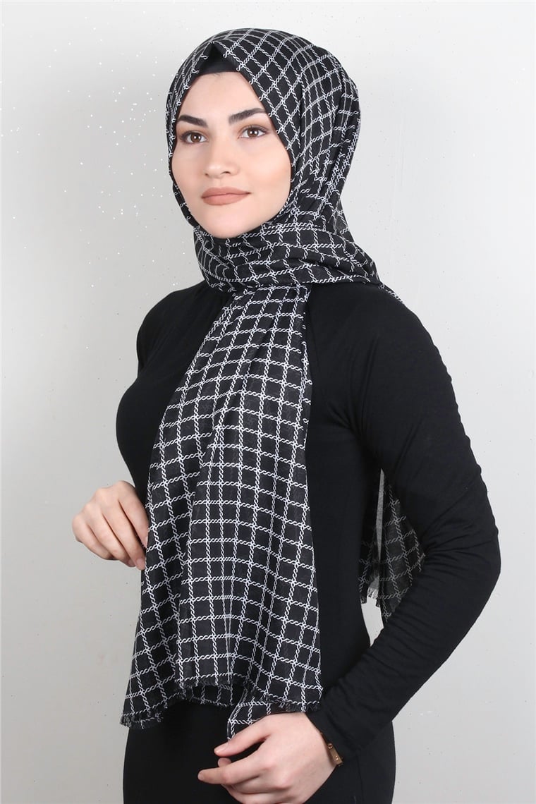 Pamuklu Desenli Şal 5757-30 Siyah Beyaz