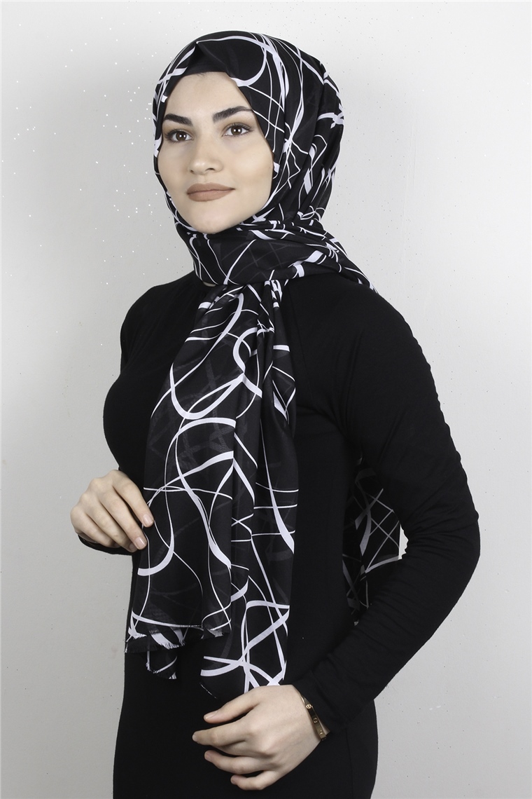 Pamuklu Desenli Şal 5757-31 Siyah Beyaz
