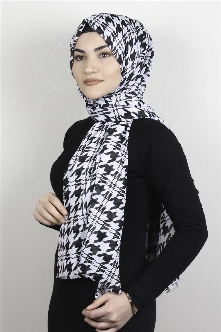Pamuklu Desenli Şal 5757-4 Siyah Beyaz