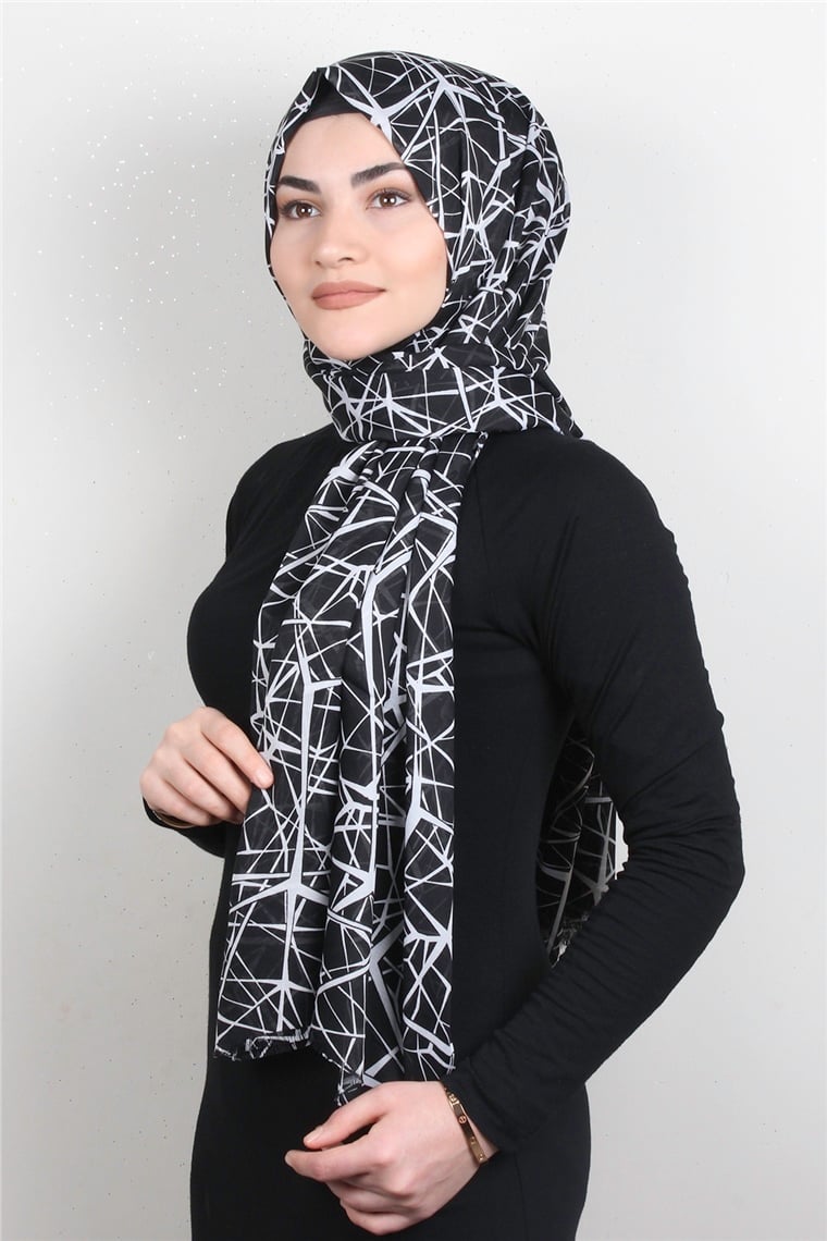 Pamuklu Desenli Şal 5757-6 Siyah Beyaz
