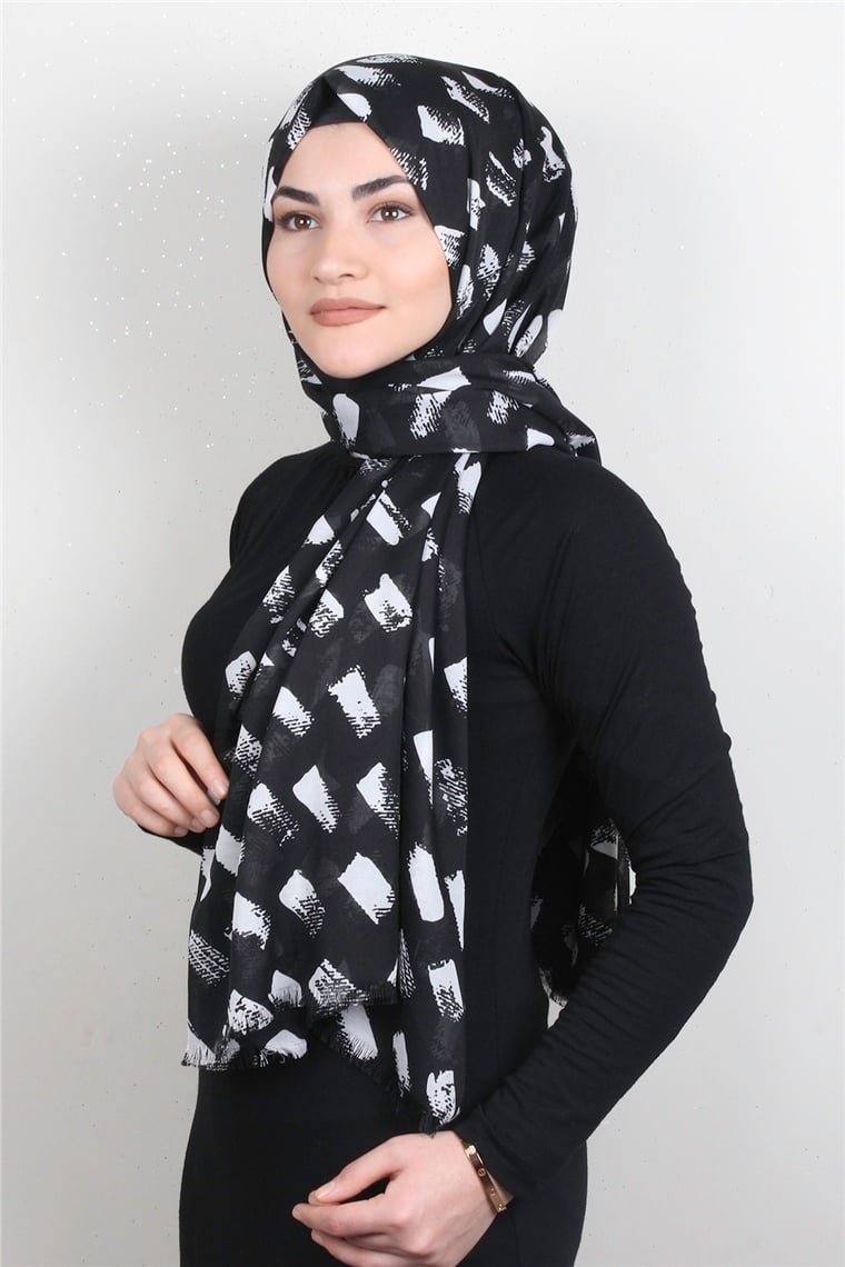 Pamuklu Desenli Şal 5757-7 Siyah Beyaz