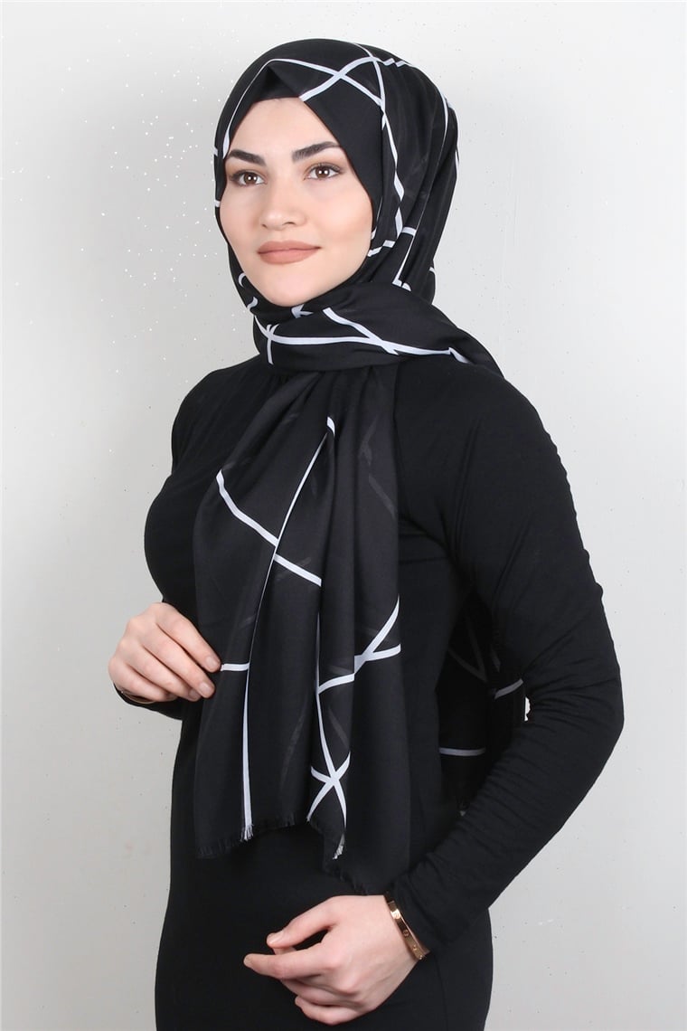 Pamuklu Desenli Şal 5757-8 Siyah Beyaz