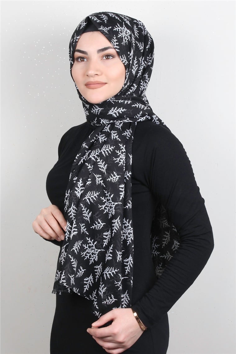 Pamuklu Desenli Şal 5757-9 Siyah Beyaz