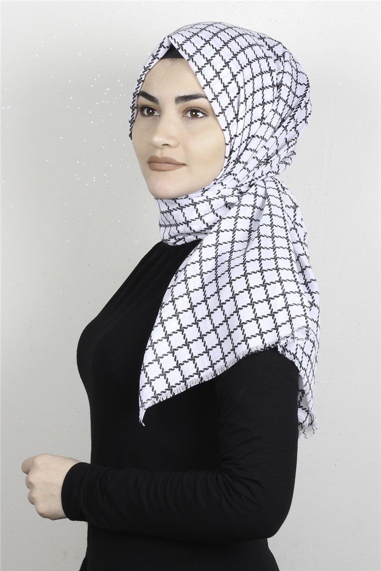 Pamuklu Desenli Şal 5758-15 Beyaz