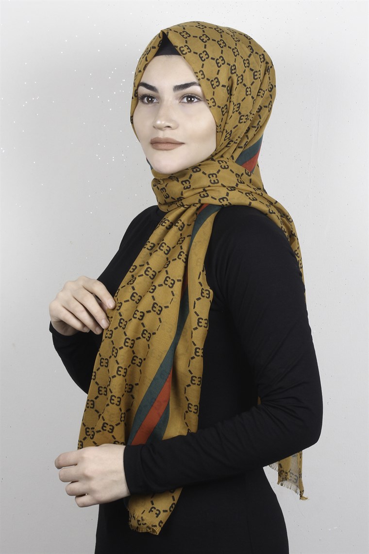Pamuklu Desenli Şal 5760-4 Hardal