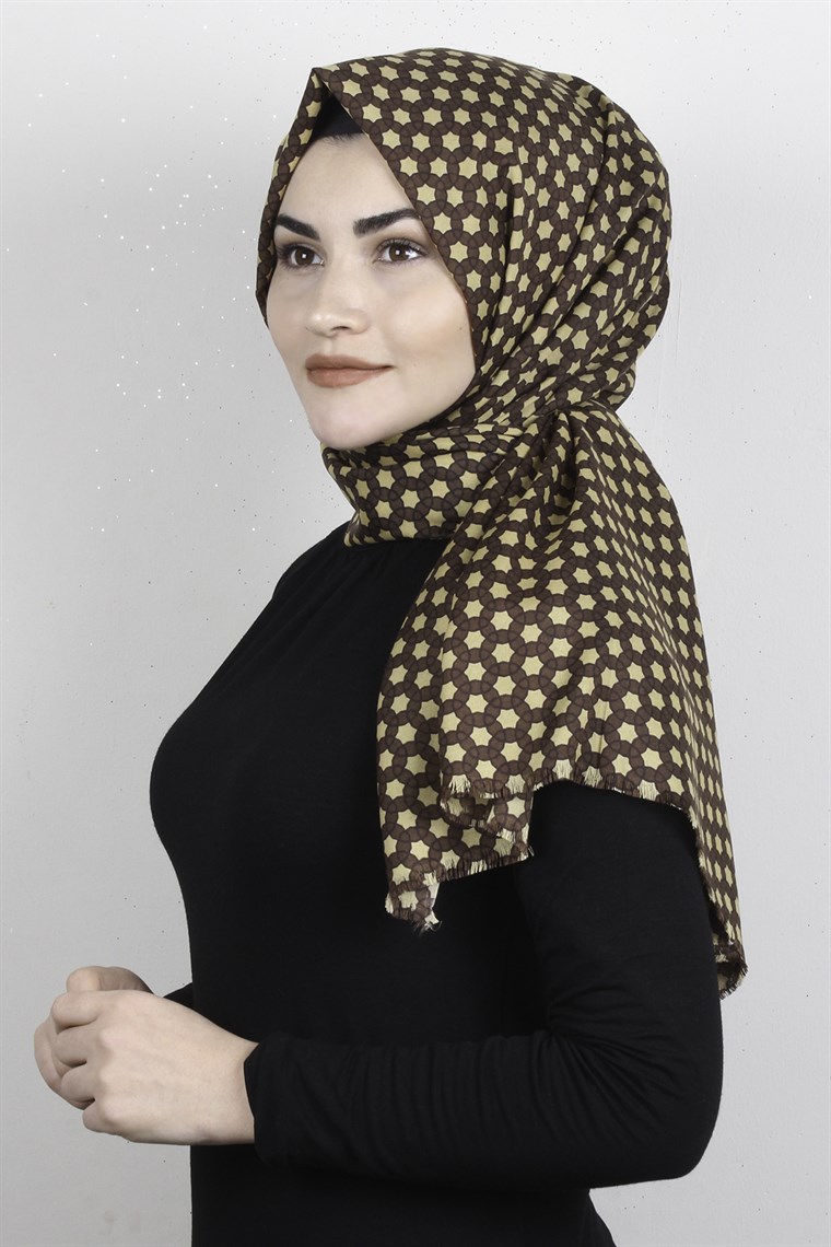 Pamuklu Desenli Şal 5762-1 Kahverengi-Gold