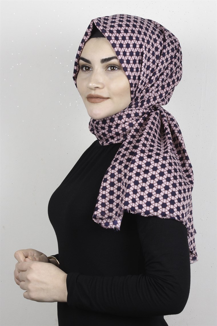Pamuklu Desenli Şal 5762-6 Lacivert-Pudra