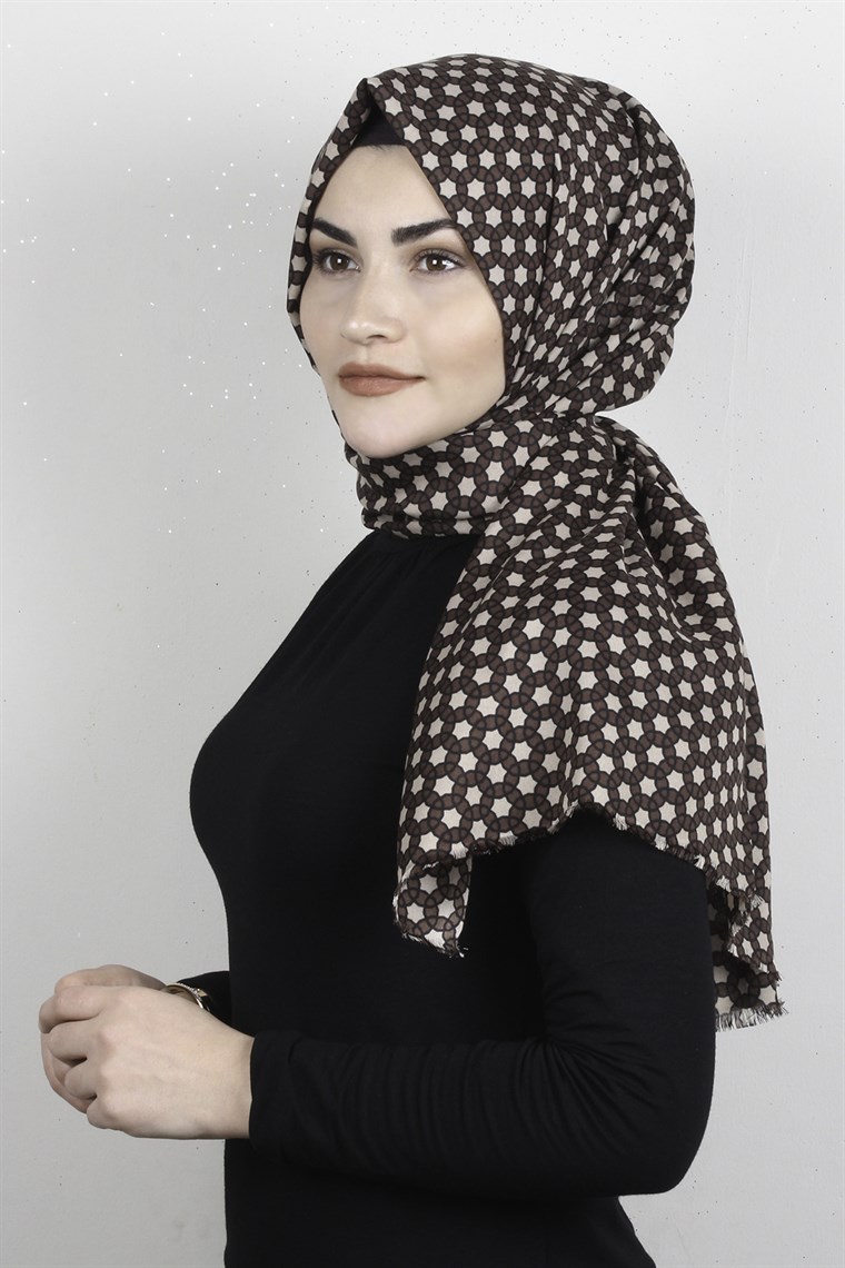 Pamuklu Desenli Şal 5762-7 Kahverengi
