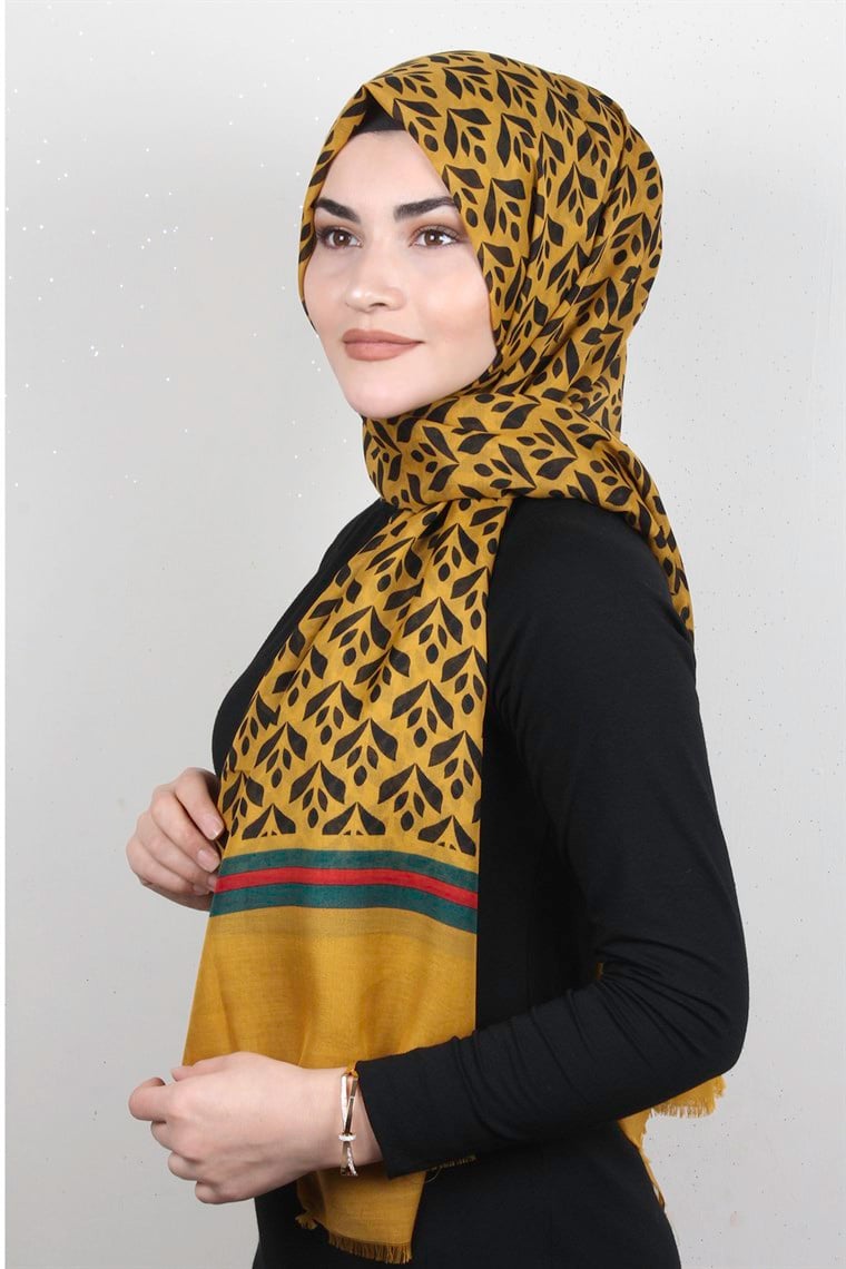 Pamuklu Desenli Şal 5763-3 Hardal