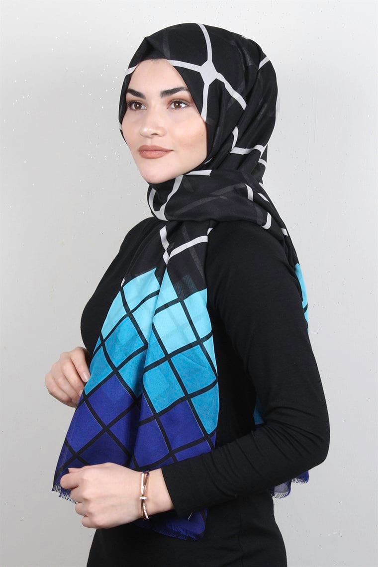 Pamuklu Desenli Şal 5765-4 Saks Mavisi