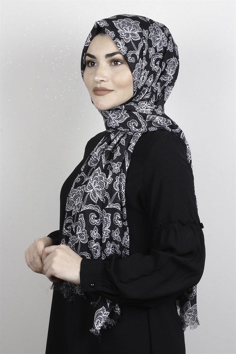 Pamuklu Desenli Şal 5766-3 Siyah