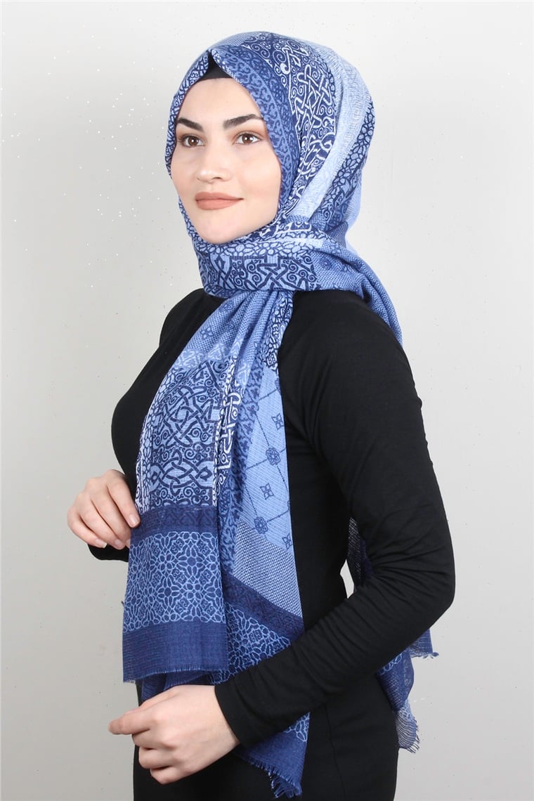 Pamuklu Desenli Şal 5772-11 Mavi