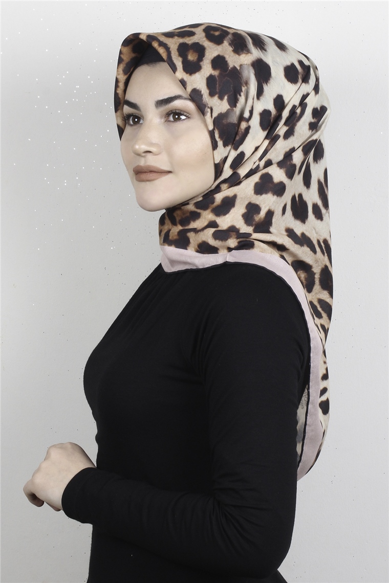 Pamuklu Soft Eşarp 3326-1 Leopar Pudra