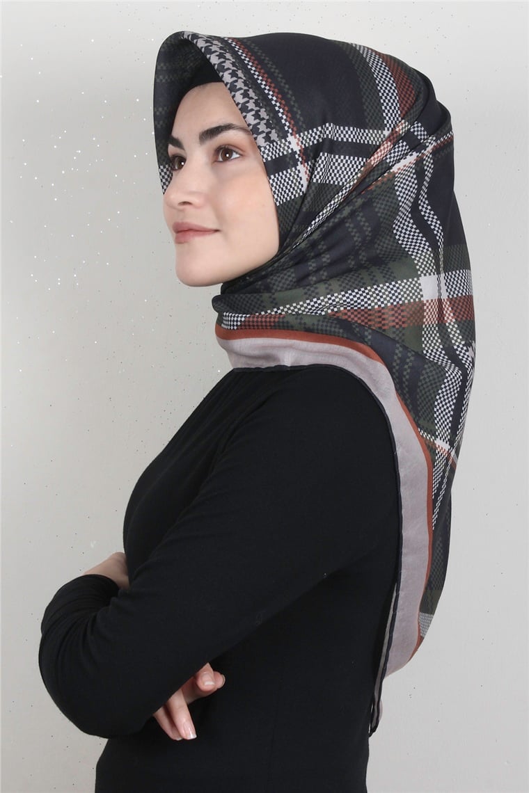 Pamuklu Soft Eşarp 3335-6 Siyah-Haki