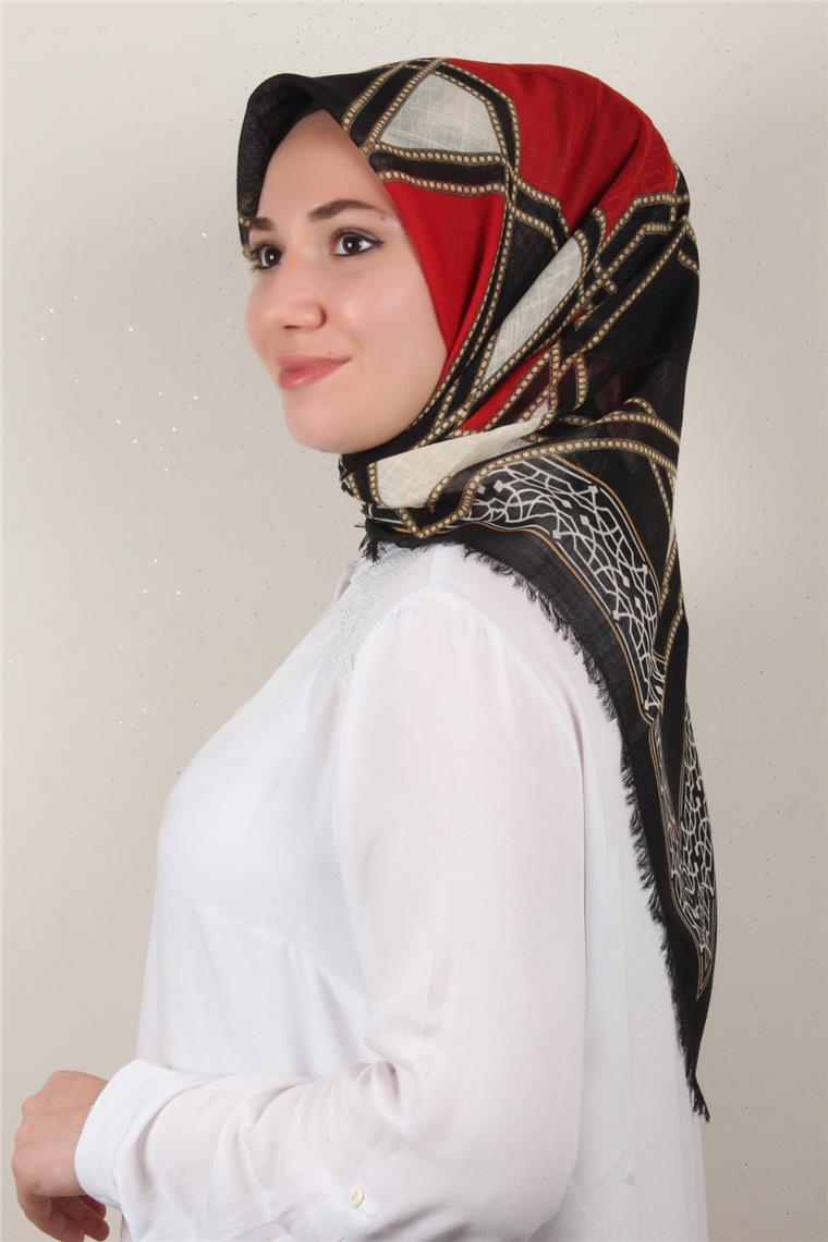 Pamuklu Trend Eşarp 9808-1 Siyah-Kırmızı