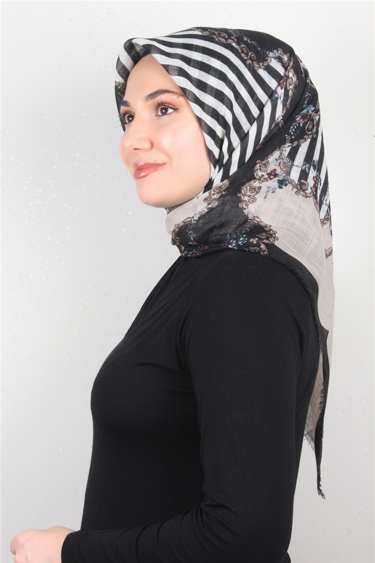 Pamuklu Trend Eşarp 9904-9 Siyah-Toprak
