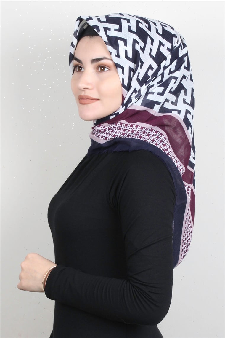 Pamuklu Trend Eşarp 9932-15 Lacivert-Mürdüm