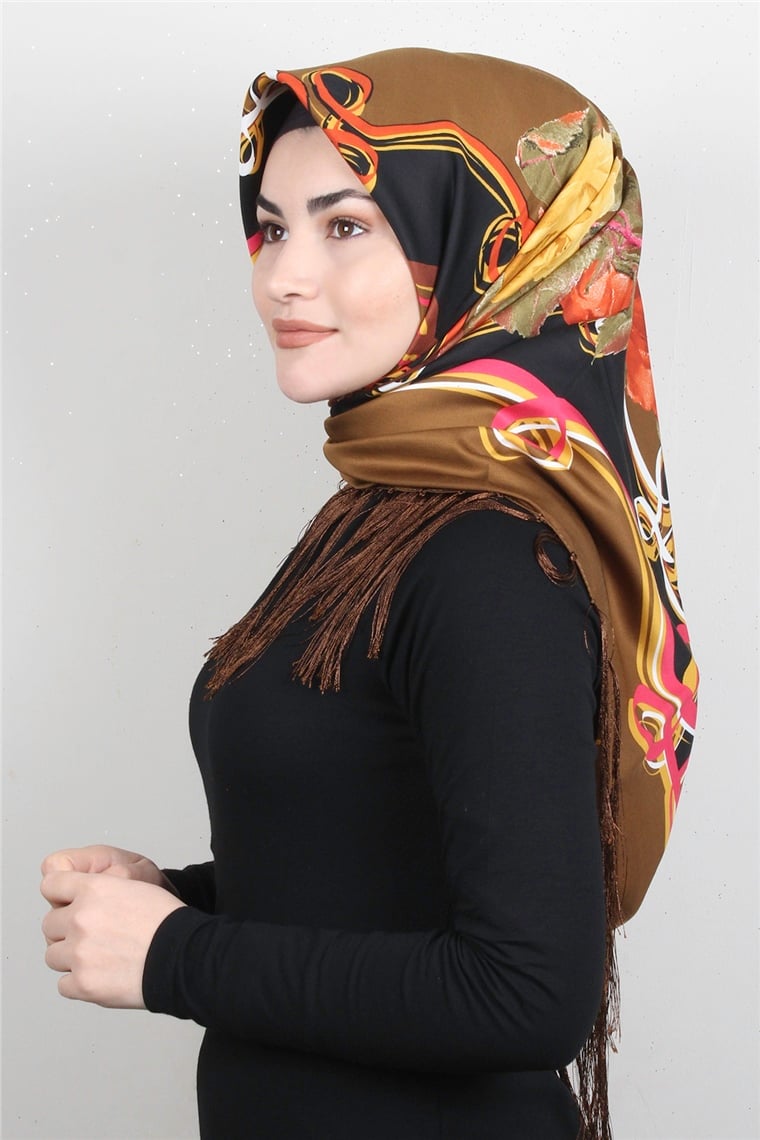 Piramit Püsküllü Eşarp 111-0070 Kahve