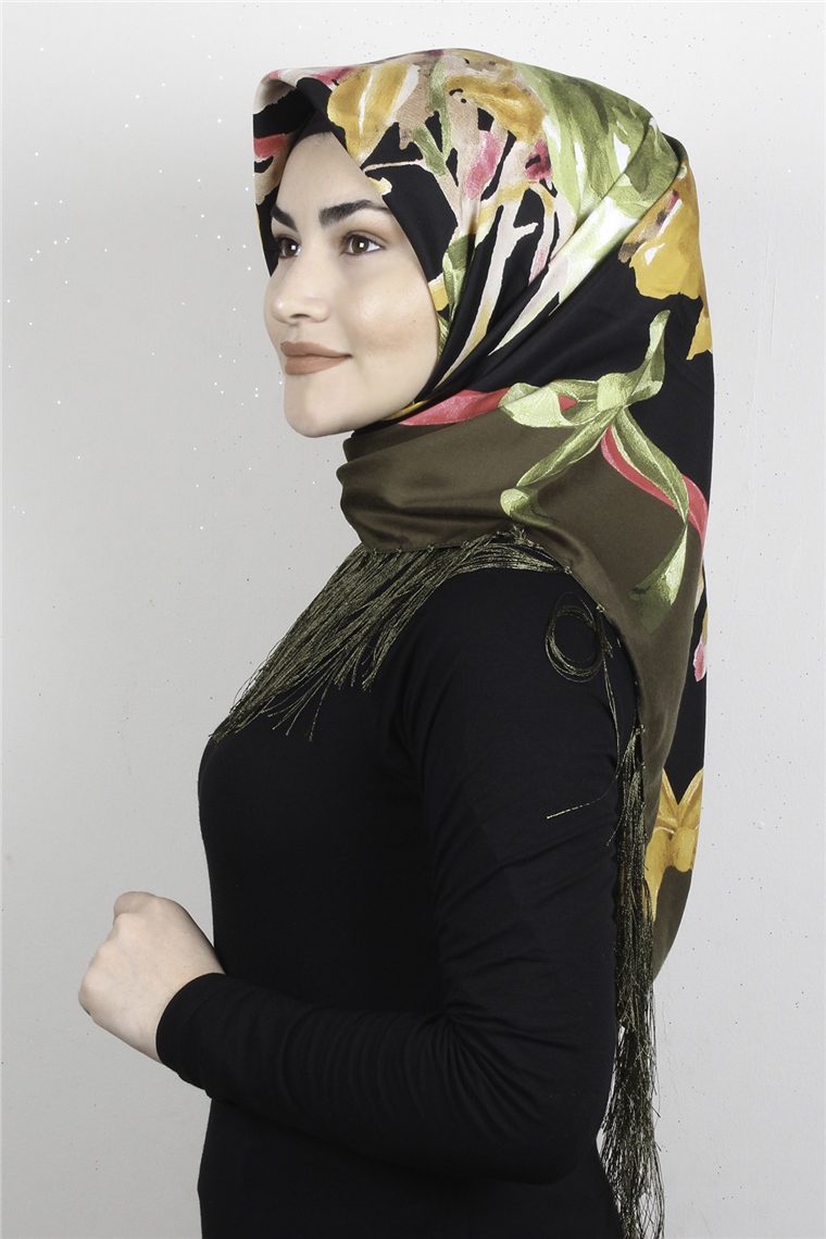 Piramit Püsküllü Eşarp 111-0077 Haki