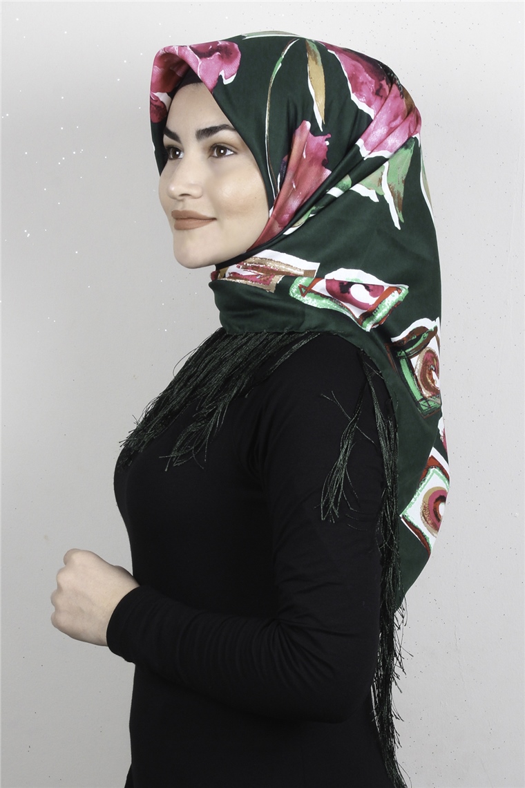 Piramit Püsküllü Eşarp 111-0081 Yeşil