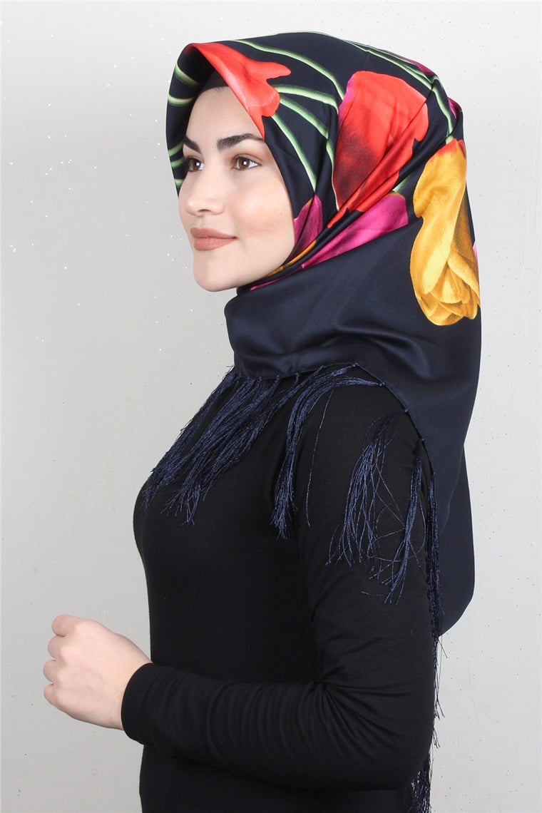 Piramit Püsküllü Eşarp 111-0084 Lacivert
